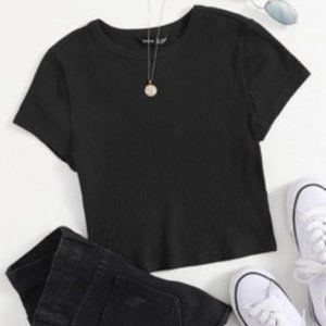 Black Rib-knit Solid Tee